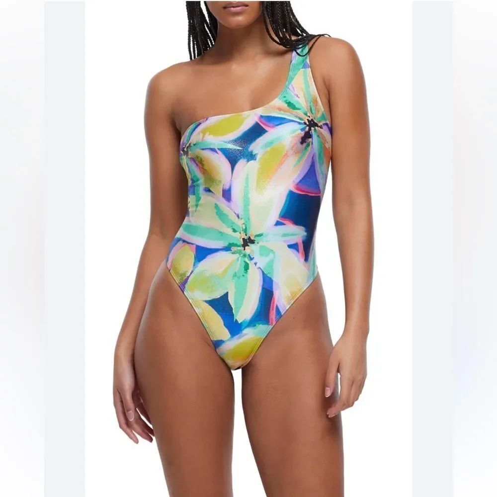 River Island Women's Blue Glitter One-shoulder One-piece Swimsuit
